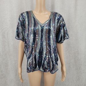 Vintage Silk Beaded Sequin V-Neck Women Top Silver Blue Butterfly Batwing